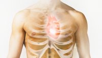 A graphic overlay of a skeletal structure and a glowing heart on a person's torso.