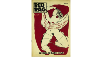 Cover of "Red Rag" magazine featuring a stylized red and black illustration of a woman with flowing hair, alongside text and a headline about women’s liberation.