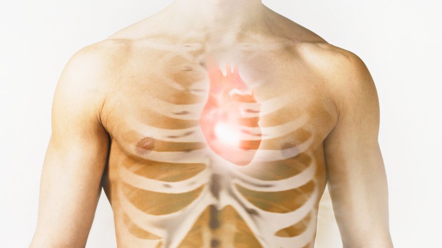 A graphic overlay of a skeletal structure and a glowing heart on a person's torso.