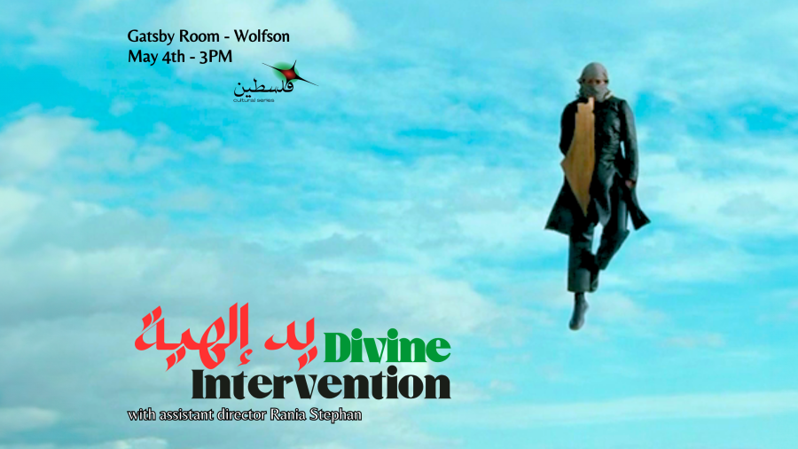 Poster for an event titled "divine intervention" showing a person floating in mid-air against a cloudy sky