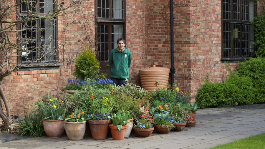 Gardener Philip De Luca stands next to the pot display outside Bredon House, at Wolfson College, Cambridge