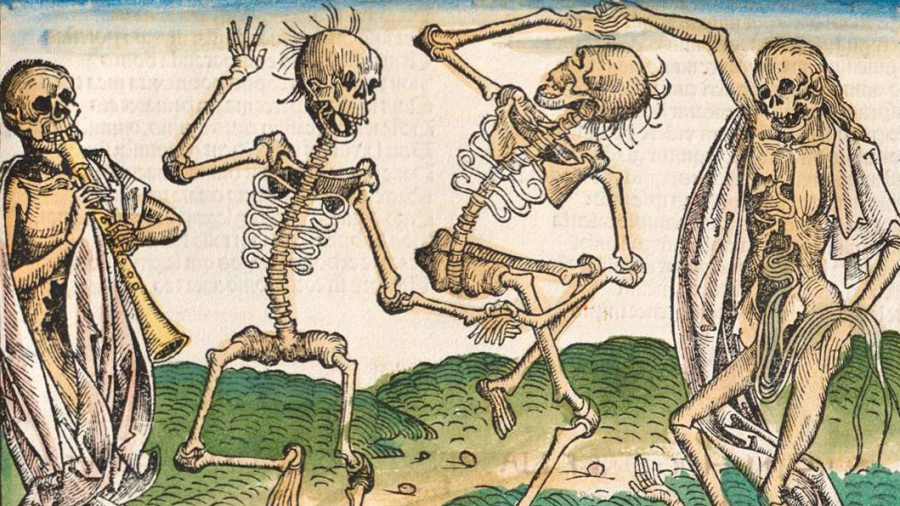 Three skeletons depicted in a dance-like pose on a grassy field, from a historic illustration.