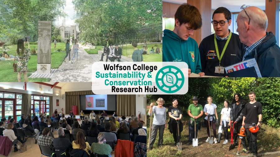 Collage of events and activities at Wolfson College Sustainability & Conservation Research Hub, including gardening and discussions.