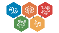 Five colorful hexagons with icons representing law, science, social network, nature, and music.
